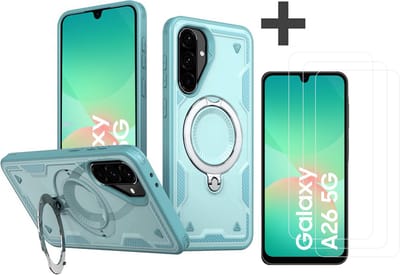 Hoesje Geschikt voor Samsung Galaxy A26 met 3 Stuks gehard glas Screenprotectors - Armor hoes met Ringhouder - Arara backcover - Lake Blauw