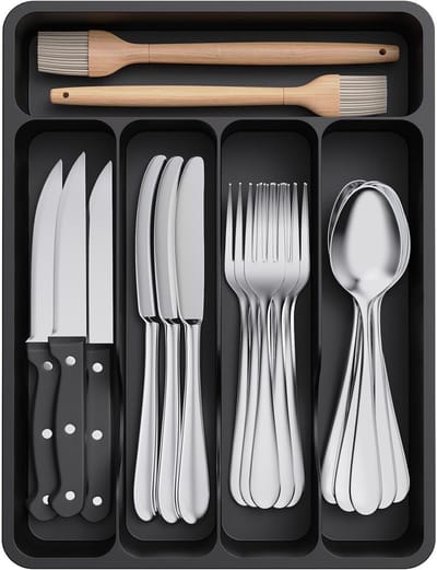 Famanu - Compacte besteklade met 5 vakken, kunststof keukenorganizer, zwart