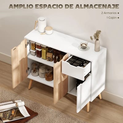 QUESTYR Opbergkast – 90×30×72 cm – Dressoir met 3 Deuren & Lade – Wit/Naturel – Moderne Kast voor Woonkamer & Hal