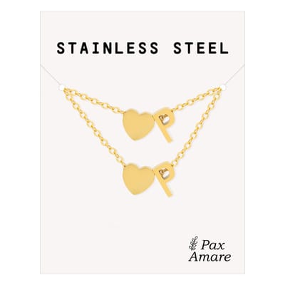 Initiaal Ketting & Armband set met Letter P Goudkleurig - Stainless Steel - Met letter & Hartje! - Naam Ketting Cadeau - Sieraden Set op Kaartje - Pax Amare