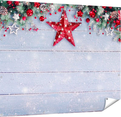 Gards Tuinposter Kerst Achtergrond met Sneeuw op Tafel - 150x120 cm - Tuindoek - Tuindecoratie - Wanddecoratie buiten - Tuinschilderij