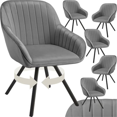 tectake® - Draaibare eetkamerstoel met armleuningen - Ergonomische kuipstoel met fluwelen bekleding - Gewatteerd - Draaistoel voor woonkamer, eettafel, studeerkamer, kaptafel en keuken - Set van 6 - Grijs