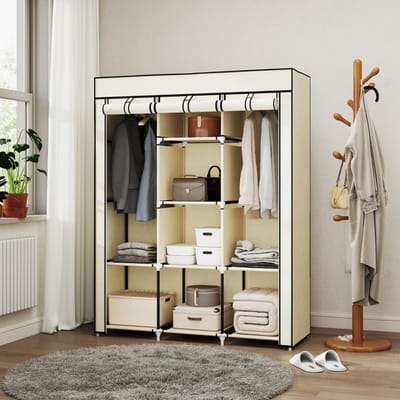 MODFU Stoffen Kledingkast - 2 Hangroedes En 8 Planken - Opvouwbaar - Voor Slaapkamer Of Hal - Stof - Crèmewit - 125 X 43 X 162,5 Cm