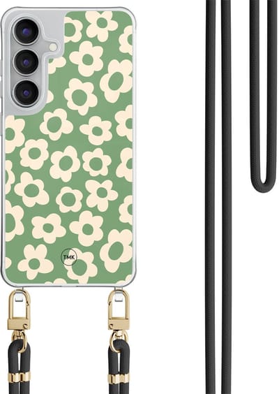 Telefoonhoesje met koord geschikt voor Samsung S25 FE - Retro cute flowers - Inclusief Zwart koord - Transparant, Groen - Bloemen - Crossbody beschermhoes - Met Telefoonketting