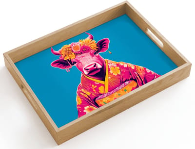 Dienblad hout 40x30 cm - Schootdienblad - Koe - Bloemenkrans - Oorhangers - Kimono - Borrelplank rechthoek - Plateau dienbladen