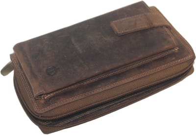 Oi Hunter bruine lederen Luxe ritsportemonnee XXL / extra grote beurs met plaats voor telefoon en veel pasjes/ afsluitbare All -in- one portemonnee met vak voor mobiel / RFID SAFE / bruin leer / 304H