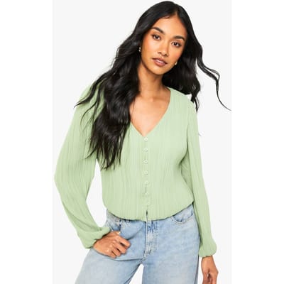 boohoo Dames Plisse blouse met knoopsluiting | Sage | Maat: 6