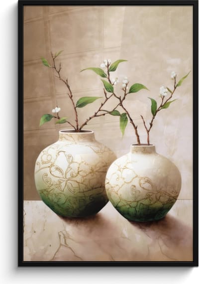 Poster in lijst - Fotolijst 80x120 cm - Posters - Bloemen - Vaas - Wit - Botanisch - Beige - Posterlijst zwart - Wanddecoratie badkamer - Muurdecoratie WC - Decoratieve accessoires - Toilet muur decoratie