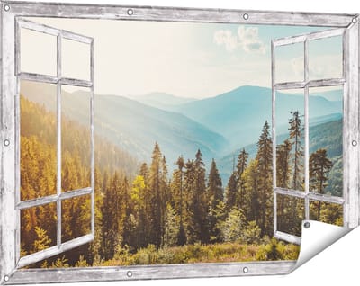 Gards Tuinposter Doorkijk Bos met Bomen in de Hoge Bergen - 120x80 cm - Tuindoek - Tuindecoratie - Wanddecoratie buiten - Tuinschilderij