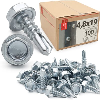 LUN FIX - Boorschroeven 4,8x19 mm - 100 stuks - Zeskantkop DIN 7504K - Verzinkt staal - Boorpunt voor trapeziumplaten en metalen platen