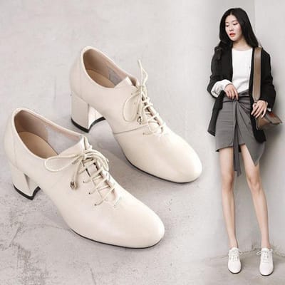 Diepe Enkelschoenen ,Dames Middenhakken ,Puntige Neus ,Vetersluiting ,Britse Stijl ,Dames Schoenen ,Zwart ,Beige 39 beige