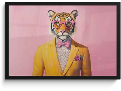 Poster in lijst - Fotolijst 60x40 cm - Posters - Tijger - Bril - Geel - Jasje - Posterlijst zwart - Decoratie - Wanddecoratie woonkamer - Muurdecoratie slaapkamer
