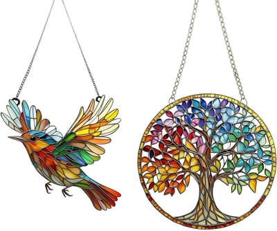 Set van 2 kleurrijke hangende zonnevangers met kolibrie en levensboom-design voor ramen, decoratie voor woonkamer, slaapkamer en tuin, brengt energie en stijl in je huis