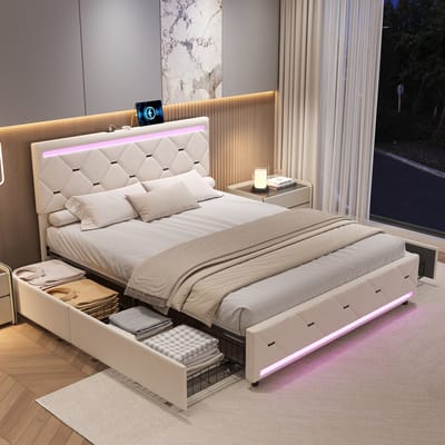 Tweepersoonsbed 140x190 cm met 4 Laden | USB Oplaadpunt + LED Verlichting Hoofd- & Voetbord | Fluweel Beige, Modern Design