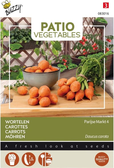 Buzzy® Patio Vegetables, Wortel Parijse Markt Zaden - Heerlijke en Knapperige Wortels voor Patio-Tuinen