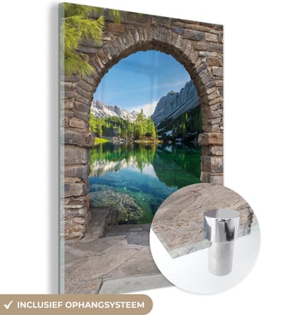 MuchoWow® Glasschilderij 30x40 cm - Schilderij acrylglas - Doorkijk - Berg - Landschap - Water - Foto op glas - Schilderijen