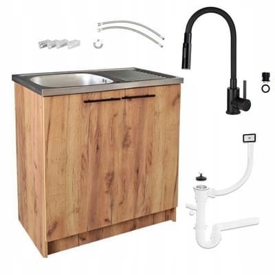STAMAR - Keukenkast 80cm -Onderkast met Spoelbak met één compartiment + kraan + sifon - Eiken Goud