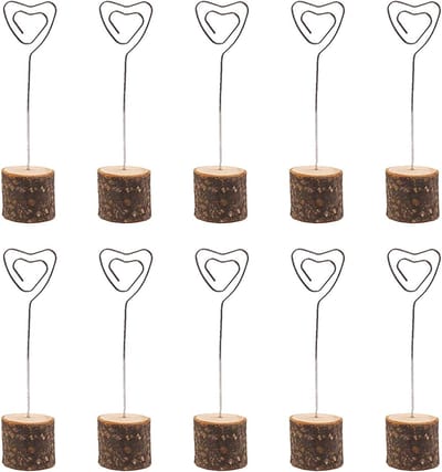 carmdering - Tafelkaarthouder - Fotohouder - Memohouder - Naambordje - Set van 10, natuurlijk hout met boomschors - Stevig voetje, stabiel op tafel - Flexibel metalen draad, geschikt voor kaarten tot 1,2 mm
