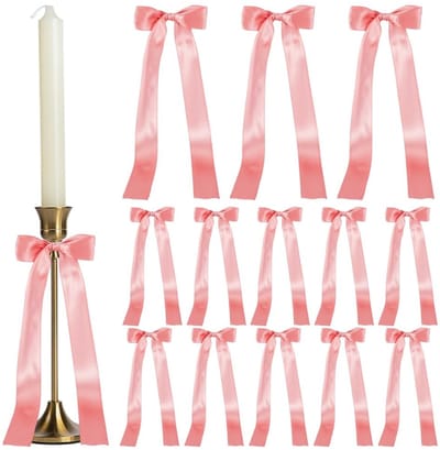Dailygoods- Kaarsenhouders Set van 16 - Roze Kandelaarstrikken - Zelfklevende Kaarsen - Tafeldecoratie - Kerstdecoratie - Lengte 31,5 cm - Decoratiestrik