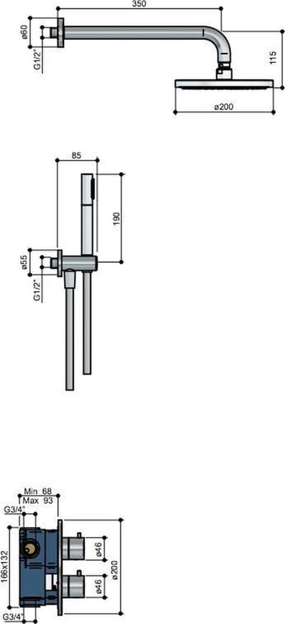 Hotbath Buddy - Inbouw Regendoucheset - Geborsteld Nikkel - Thermostatisch - Wandarm 35 cm - Hoofddouche 200 mm - Staafhanddouche - Waterbesparend - V01