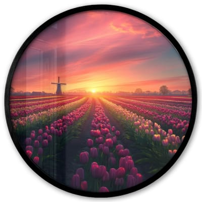 Poster in lijst Rond - Fotolijst 40x40 cm - Posters - Windmolen - Zonsondergang - Landschap - Ronde posterlijst zwart - Decoratie - Wanddecoratie woonkamer - Muurdecoratie slaapkamer