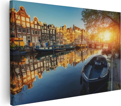 Artaza Canvas Schilderij Grachtenpanden - 30x20 cm - Klein - Wanddecoratie Amsterdam - Muurdecoratie Boot - Kamer Accessoires