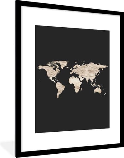Poster in lijst - Fotolijst 60x80 cm - Posters - Wereldkaart - Beige - Zwart - Posterlijst zwart - Decoratie - Wanddecoratie woonkamer - Muurdecoratie slaapkamer