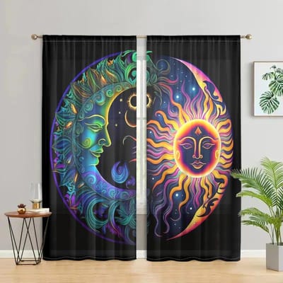 2 stuks, semi-transparante gordijnen met patronen van zon en maan - gemakkelijk op te hangen - gebruikt voor woonkamer, slaapkamer, huisdecoratie W150CM H166CM&Rod pocket black