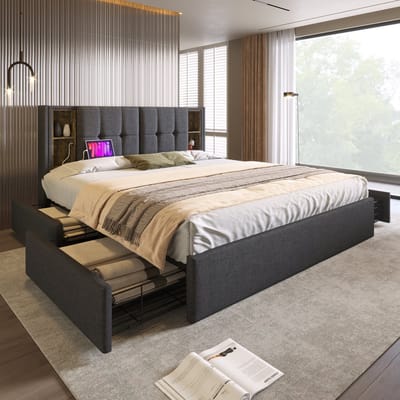DESMIU Gestoffeerd Bed 160x200 cm – Draadloos Opladen en USB C – 4 Laden en Hoofdbordvakken – Tweepersoons – Linnen – Grijs – Zonder matras