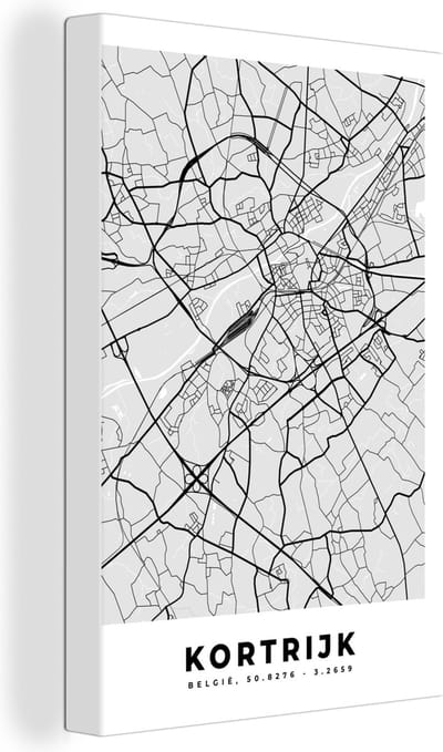 Canvas Schilderij België – Kortrijk – Stadskaart – Kaart – Zwart Wit – Plattegrond - 20x30 cm - Wanddecoratie