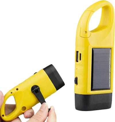 JustValue Opwindbare Zaklamp - Powerbank Functie - 600 mAh - Militaire zaklamp - LED Knijpkat - Noodverlichting - Dynamo - Zonne-energie - Solar - Geel