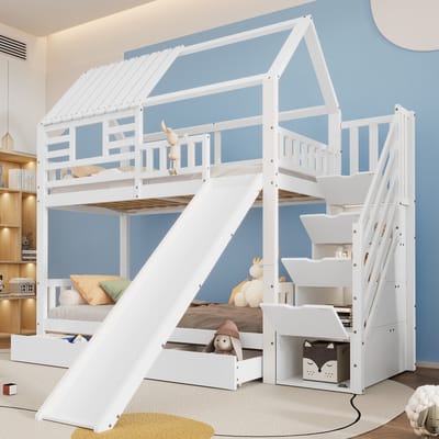 MEUNIQ stapelbed 90x200 cm met huisbed ontwerp, trap met opbergruimte, glijbaan, uitvalbeveiliging en lade voor de kinderkamer, wit