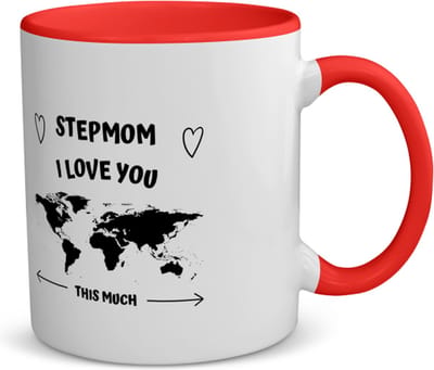 Akyol - stepmom i love you this much koffiemok - theemok - rood - Moeder - geweldige schoonmoeder - liefste moeder - verjaardag - cadeau - kado - bedankje - geschenk - 350 ML inhoud