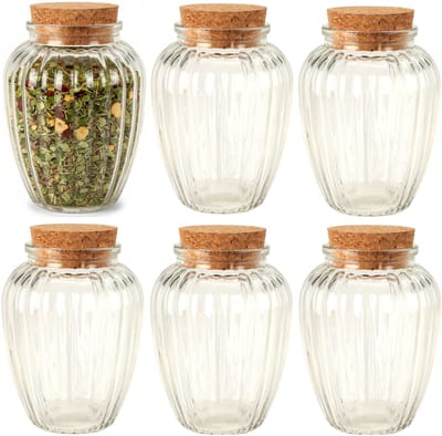 Excellent Houseware Kruidenpotjes / kleine voorraadpotjes - 6x stuks - glas - transparant - 280 ml - met dop van kurk - flessenpost - weckpotten