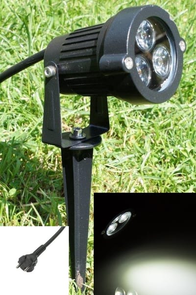 LED Tuinverlichting 230V 3 LED Cool Wit IP65 – Zwarte Aluminium Prikspot met 3 Meter Snoer en Stekker