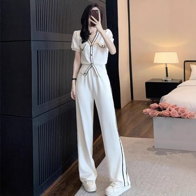 Xiaoxiangfeng Mode Casual Pak voor Dames Zomer Elegante Korte Mouwen Sport Wijde Pijpen Broek Tweedelig Pak XL