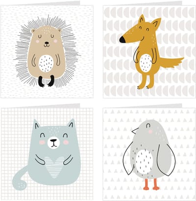 4x Blanco kaarten en enveloppen / set wenskaarten zonder tekst | zomaar kaartjes | SCHATTIGE DIEREN / CUTE ANIMALS | egel + vos + kat + vogel