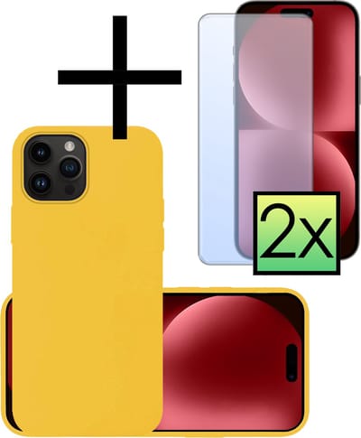Hoesje - Met 2x Screenprotector - Geschikt voor Apple iPhone 15 Pro - Sterk & Shockproof - Back Cover - Siliconen Case - Telefoon Hoes - Geel