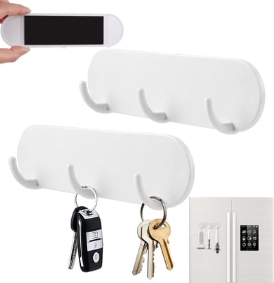 Magnetische Sleutelhouder met 3 Haken voor Koelkast | Sleutelhouder voor Muur, Wandgemonteerde Sleutelhouder voor Hal, Sleutelbord Zonder Boren, Keuken en Wasruimtes (Wit)