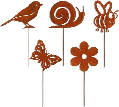 Tuinstekers Roest Set - Decoratie Figuren - Tuin Aankleden - 5 Verschillende Figuren - Diverse Afmetingen - Roestbruin
