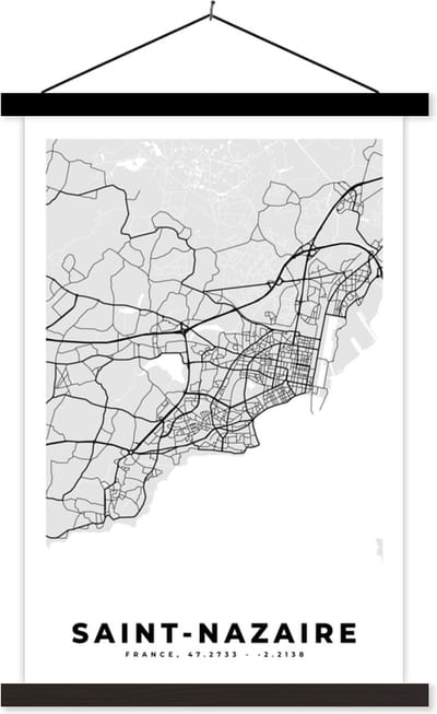 Posterhanger incl. Poster 40x60 cm - Schoolplaat - Frankrijk - Plattegrond - Kaart - Saint-Nazaire - Stadskaart - Textielposter - Zwarte latten - Stadskaart