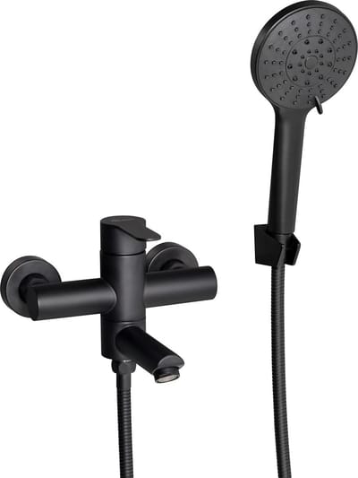 Wandgemonteerde badkraan met handdouche, zwarte kraan voor badkamerbad, 90° draaibare uitloop