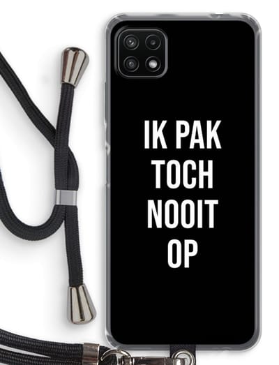 Case Company® - Hoesje met koord geschikt voor Samsung Galaxy A22 5G hoesje met Koord - Ik pak nooit op - Zwart - Telefoonhoesje met Zwart Koord - Bescherming aan alle Kanten en Over de Schermrand