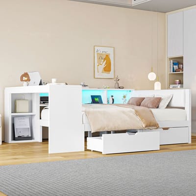 Platformbed - 140x200 - Houten bed met lades, oplaadstation, hoofdeinde en LED verlichting - hout - wit - zonder matras