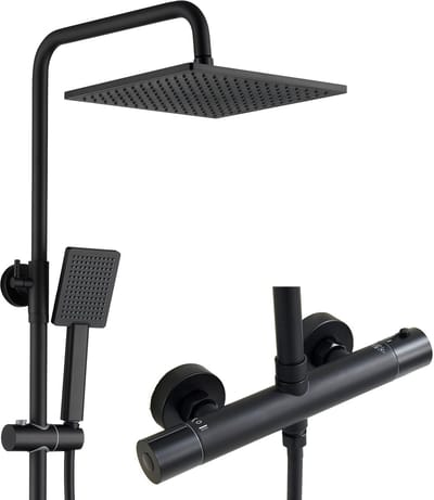Auralum Regendouche met Thermostaatkraan - Doucheset - 25CM Vierkante Hoofddouche - Thermostatische Mengkraan - Verstelbare Hoogte 88-124 cm - Waterbesparend - Douchesysteem - Zwart
