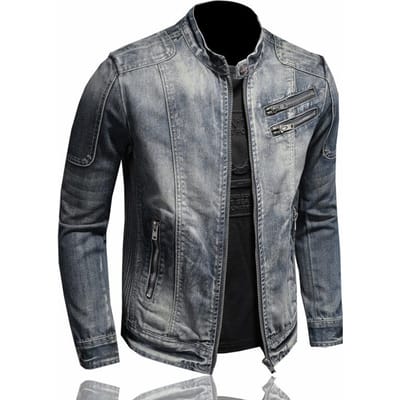 Amerikaanse Vlag Denim Jas Heren Lente en Herfst Retro Denim Jas Persoonlijkheid Opstaande Kraag Rits Rijden Motorfietskleding L gray