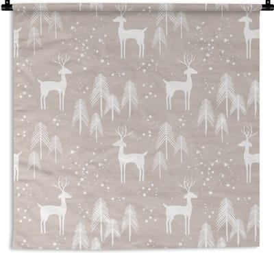 Wandkleed - Wanddoek - Patronen - Hert - Wit - Beige - 90x90 cm - Wandtapijt