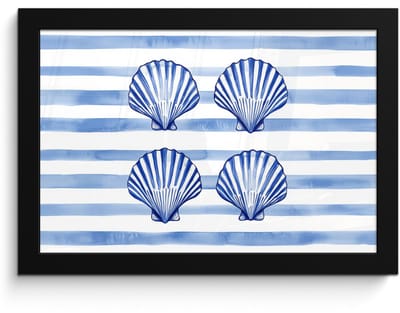 Poster in lijst - Fotolijst 30x20 cm - Posters - Vier schelpen - Blauw - Wit - Strepen - Posterlijst zwart - Decoratie - Wanddecoratie woonkamer - Muurdecoratie slaapkamer
