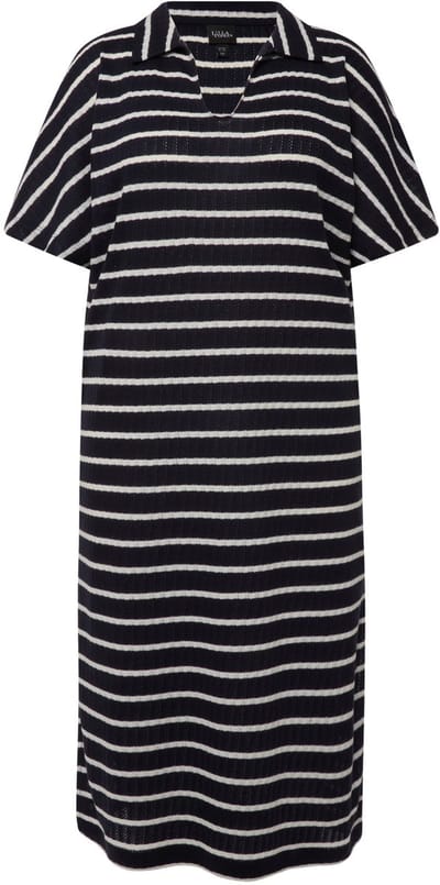 Ulla Popken - Dames - Gebreide midi-jurk strepen V-hals halve mouwen - Marine - Maat 42+