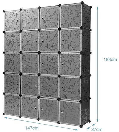 Velmio Stapelbare Kledingkast - 20 Kubussen - DIY Garderobe - Met 2 Kledingroedes - Schoenenkast - Klerenkast - Blokkenkast - Incl Hang Gedeelte - 183x147x37cm - Zwart